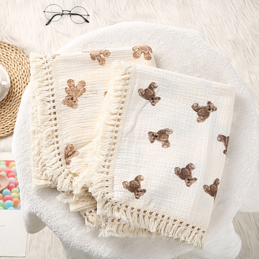 Baby Swaddle Blanket Pure Cotton Muslin Wrap Newborn Stroller Cover Soft Breathable Crib Bedding with Tassel - 4