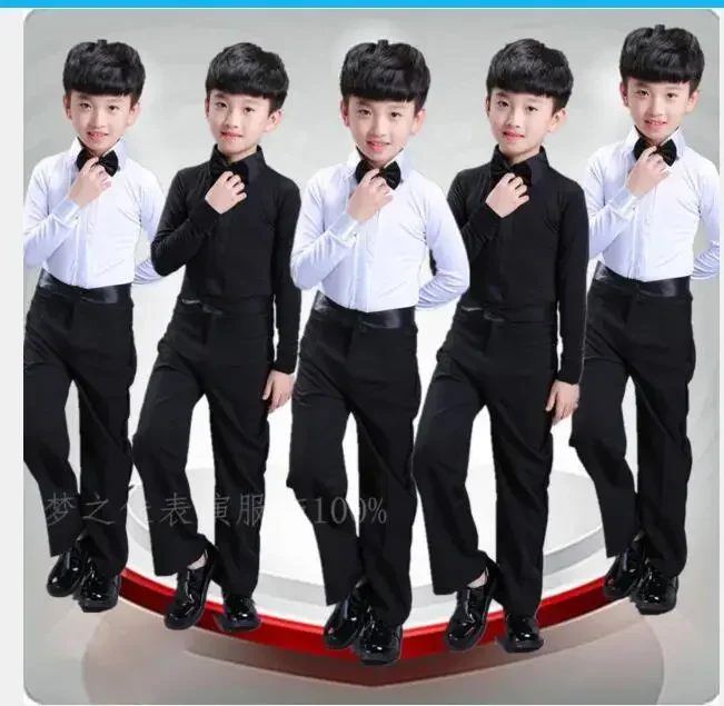 Dance Dress Boys Latin Dance Costume Ballroom Cha Cha Tango Stage Performance Costumes Children Black White Bow Top and Pant