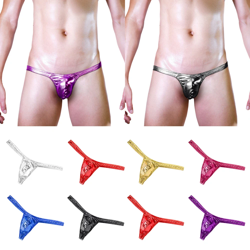 

Male Panties Imitation Leather Sexy Briefs Breathable Thong Low-Rise G String Penis Pouch Underwear T-Back Underpants 2023 New