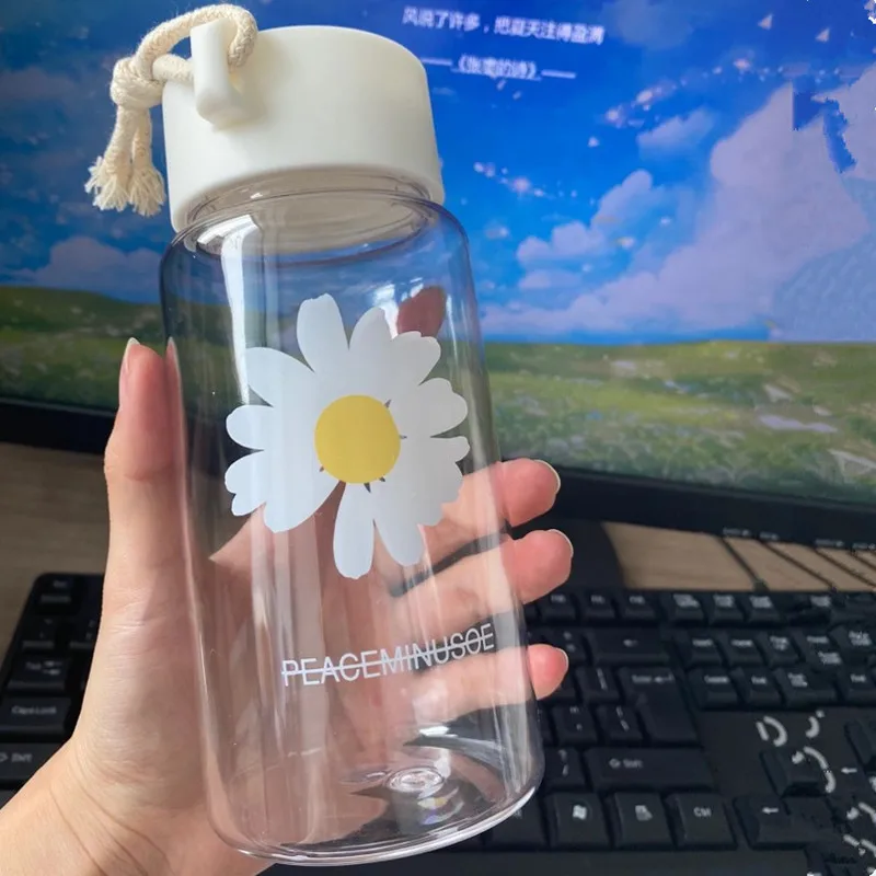 500ml Small Daisy Transparent Water Bottles BPA Creative Frosted Water Bottle With Portable Rope Travel Tea Cup Student Mug outdoor drinkware