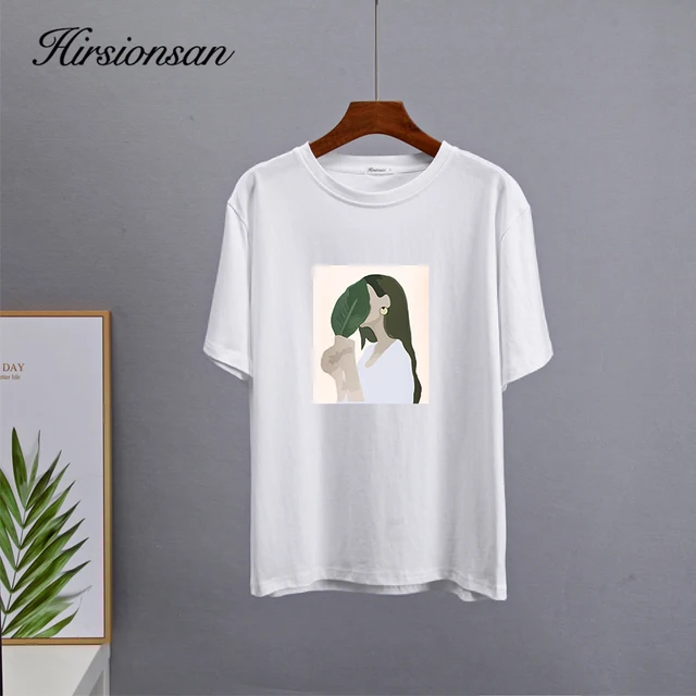 Hirsionsan Harajuku Printed T Shirt Women 2022 Summer Chic Tees 100% Cotton Elegant Graphic Clothes Loose Casual Pullover Tops 2