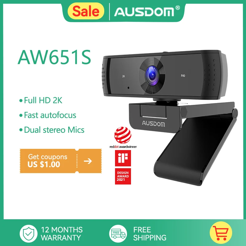 Ausdom Aw651s 2k Stream Webcam com Dupla Câmera Web Microfones com Tampa de Privacidade Autofocus pc Câmera para Switch Laptop