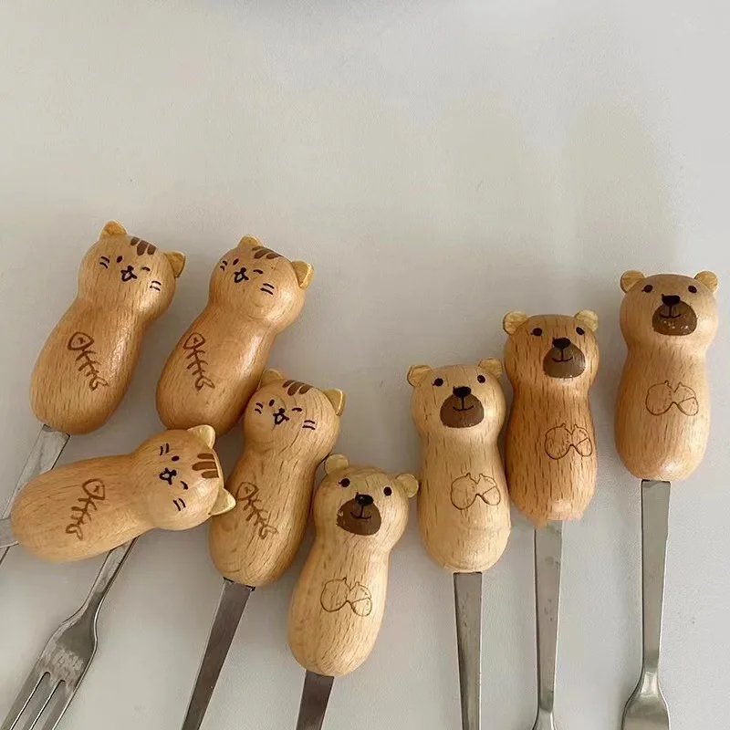 Cute Cartoon Little Bear Fruit Fork and Spoon Suit Solid Wood Handle Stainless Steel Pastry Fork Coffee Spoon Kid Gift