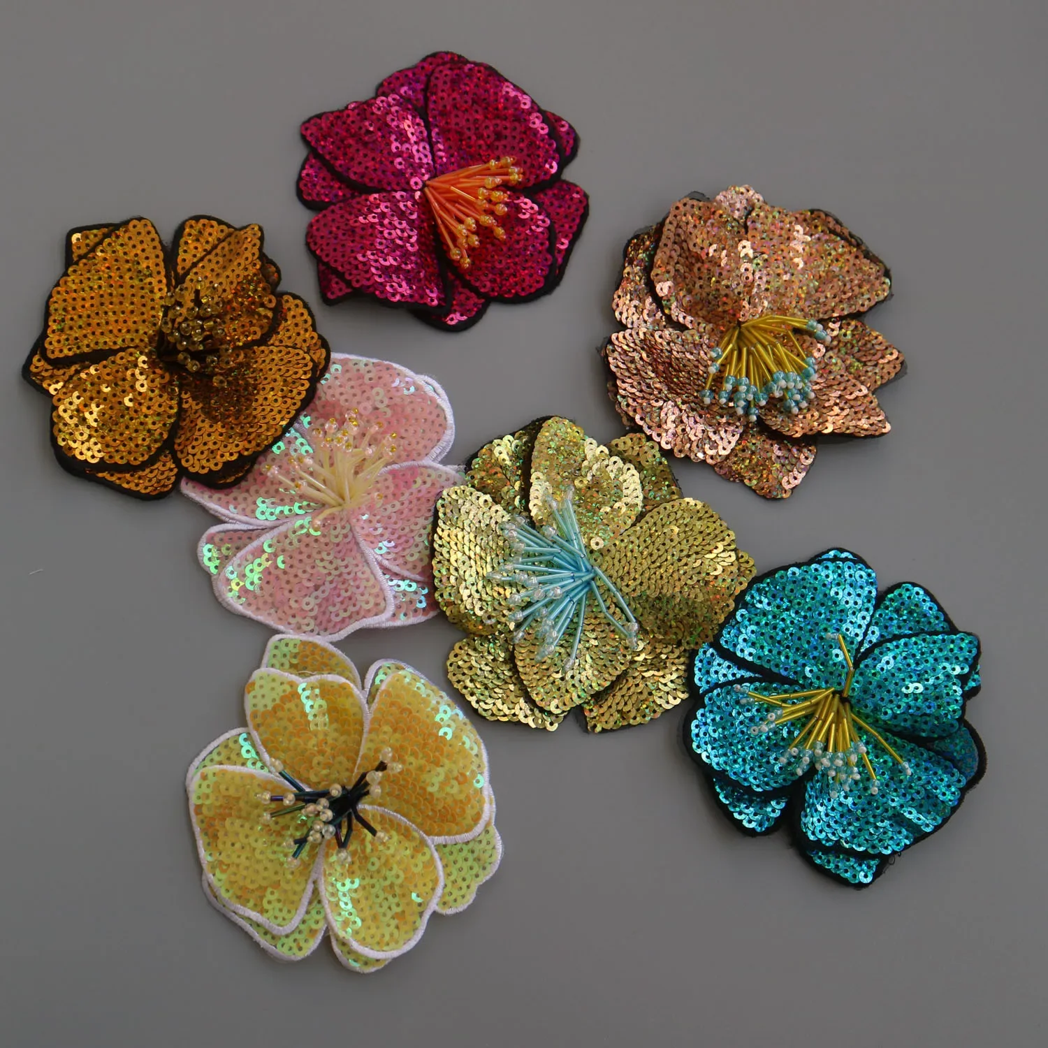 2-Pack Sequins Embroidered Patches - Blue/Gold/Green Flower Design, Sew-On For Clothing & Crafts