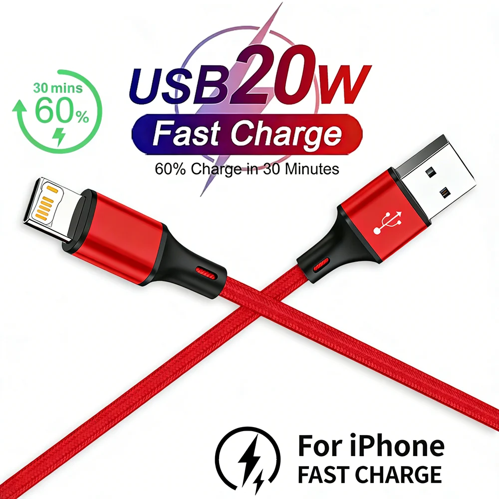 20W USB 고속 충전 케이블 (아이폰 X, XR, XS, 11, 12, 13 미니, 14 프로 맥스, 6, 6S, 7, 8, 14 플러스, SE용) 고속 충전 코드 나일론 편조 케이블