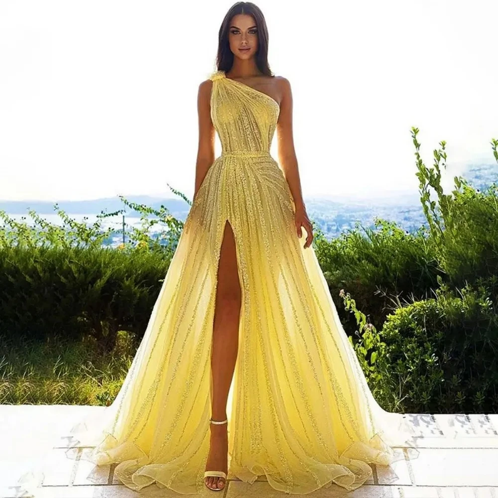 

Modern Glitter Pleat Crepe Evening Dresses Off The Shoulder A Line Sexy Side Slit Ball Gowns Formal Bridal Beach Party Vestidos