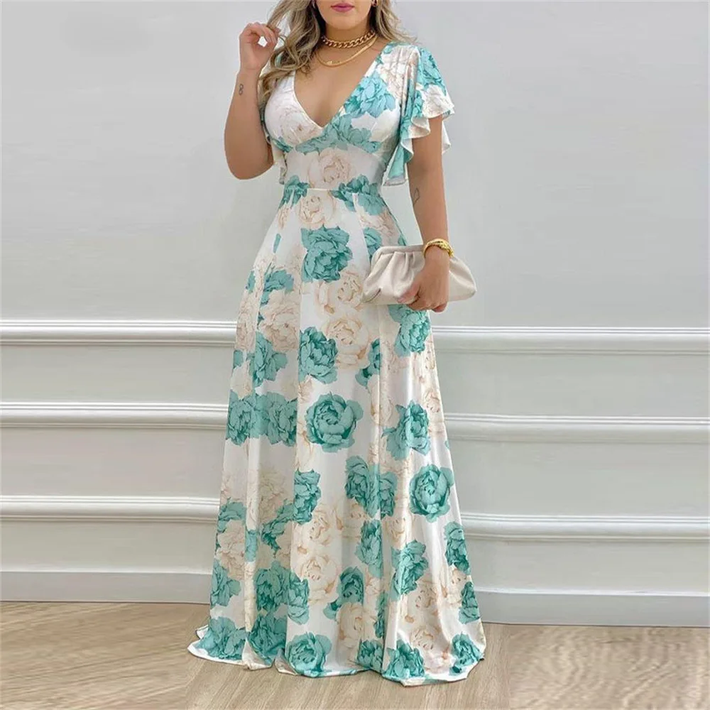 

New Printed V-Neck Waisted Flared Sleeve Dresses Popular Fashion Summer Daily High Waisted Style Fitted Casual Sexy Women's