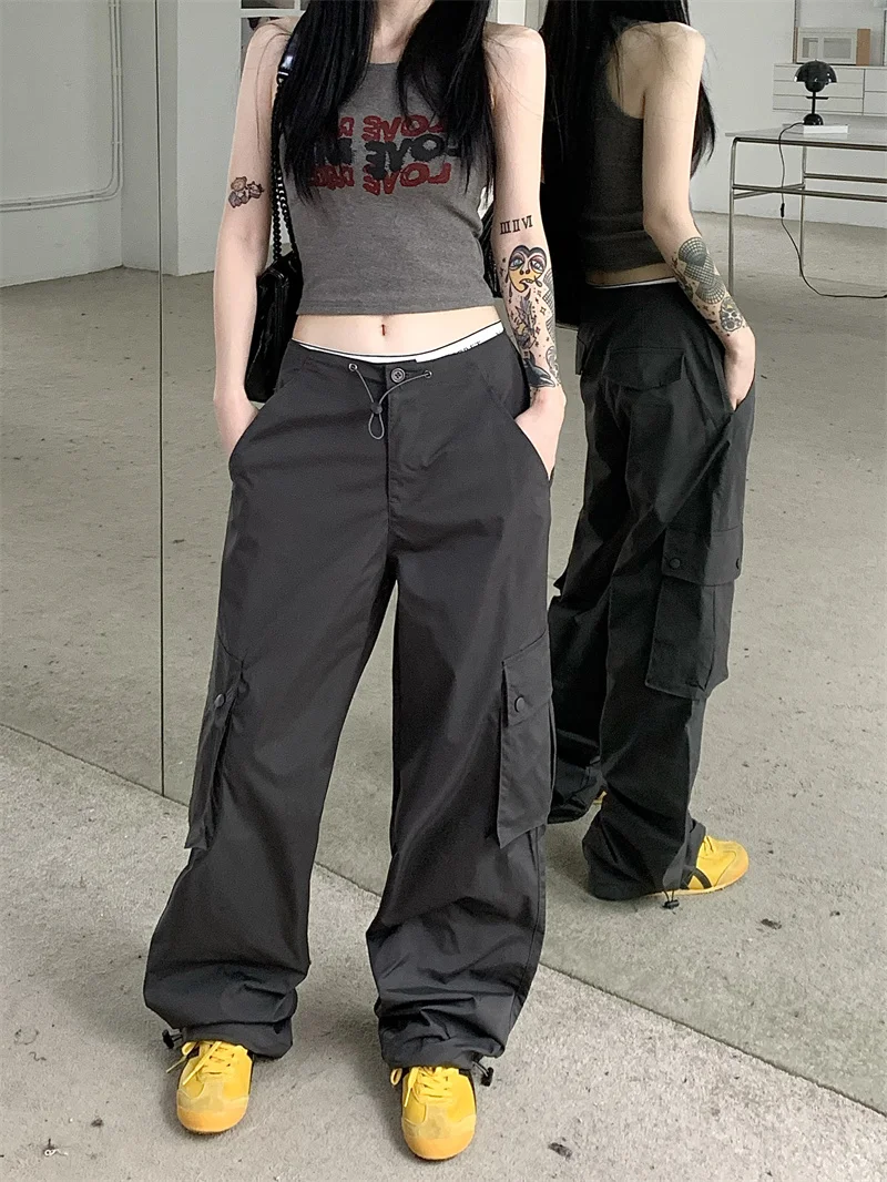 

American Work Casual High Waist Cargo Pants Women's Summer Gray Pockets Loose Binding Elastic Waist Wide Leg Pants Long Pants