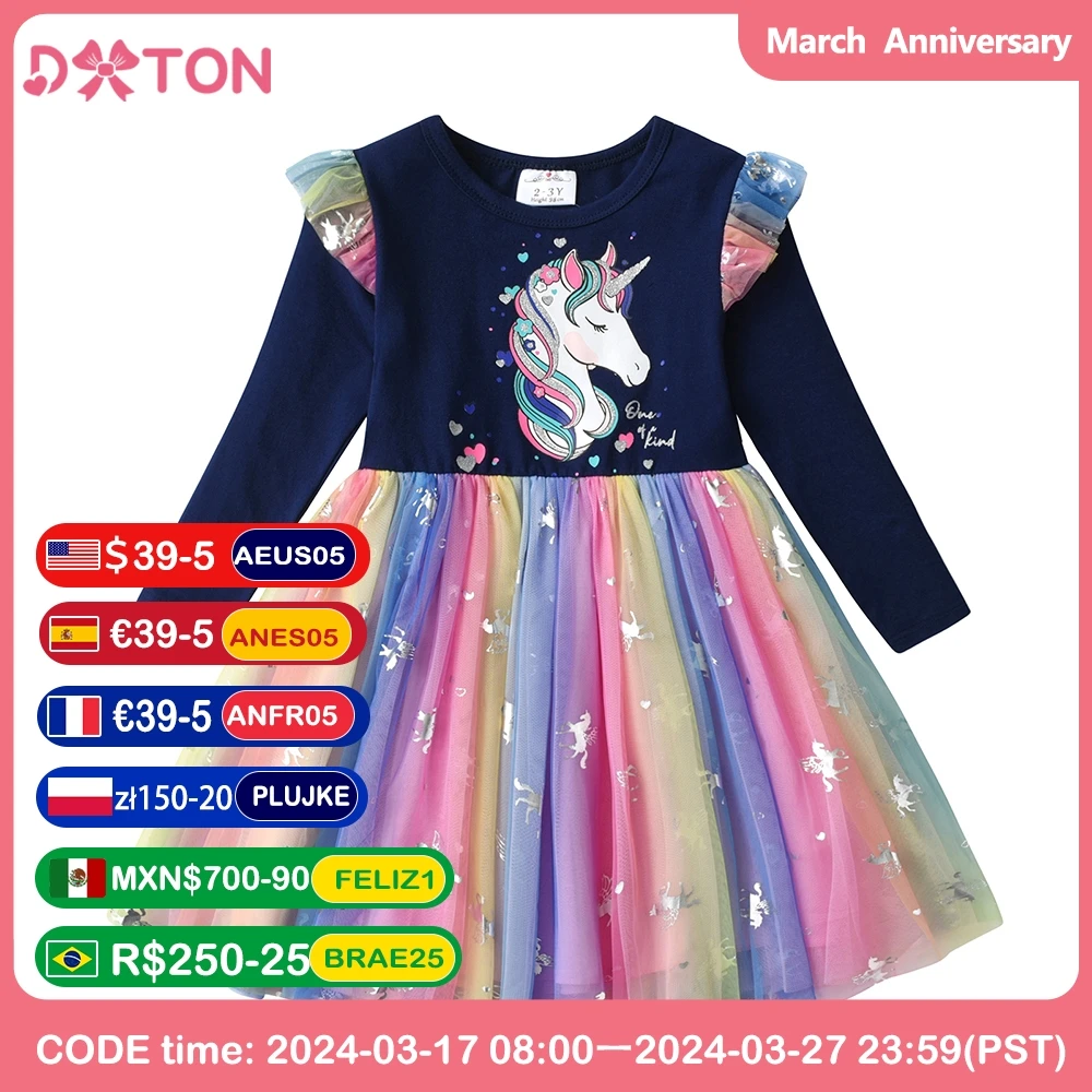 Dxton Unicorn Children Dresses Winter Flare Sleeve Kids Dress Colorful Princess Tutu Dress Toddler Birthday Party Prom Clothing