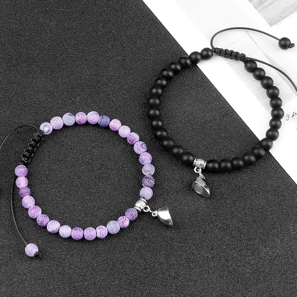 2pcs Handmade Couple Bracelet 8mm Black White Natural Stone