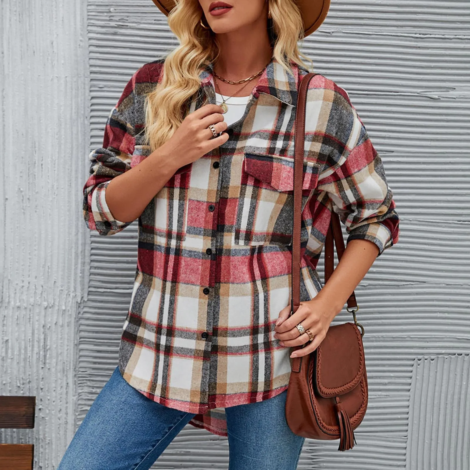 Women's Long Sleeve Woolen Plaid Jacket 2