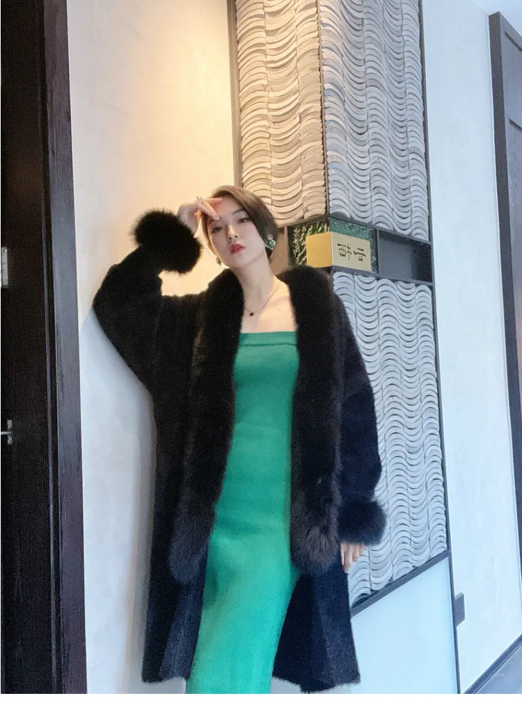 Neue Herbst Winter Natürliche Fuchs Pelz Trim Gestrickte Mantel Pelz Jacke Pullover Weibliche Frauen Stricken Tragen – Detail 15