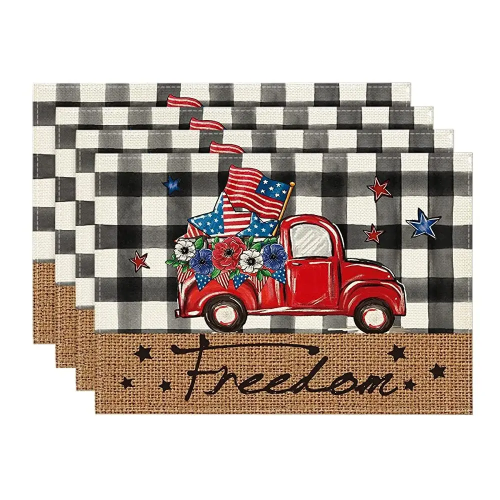 

Buffalo Plaid Patriotic Freedom Truck Placemats for Dining Table,12 x 18 Inch 4th of July Memorial Day Decor Table Mats Set of 4