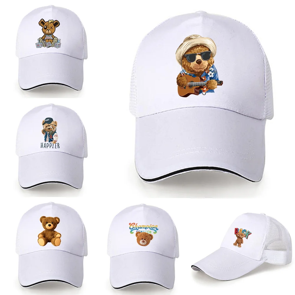 

Summer Breathable Mesh Cap Cute Bear Print Trucker Cap Fashion All-match Baseball Cap Outdoor Cotton Adjustable Sunshade Sun Hat