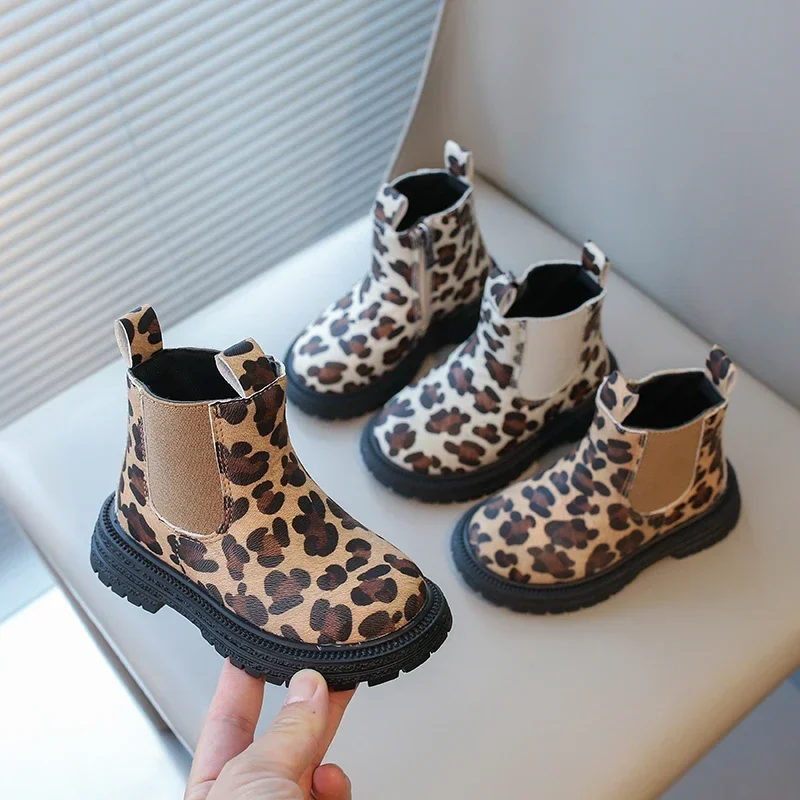Kids Unisex Rubber Ankle Boots with Leopard Prints and Side Zipper