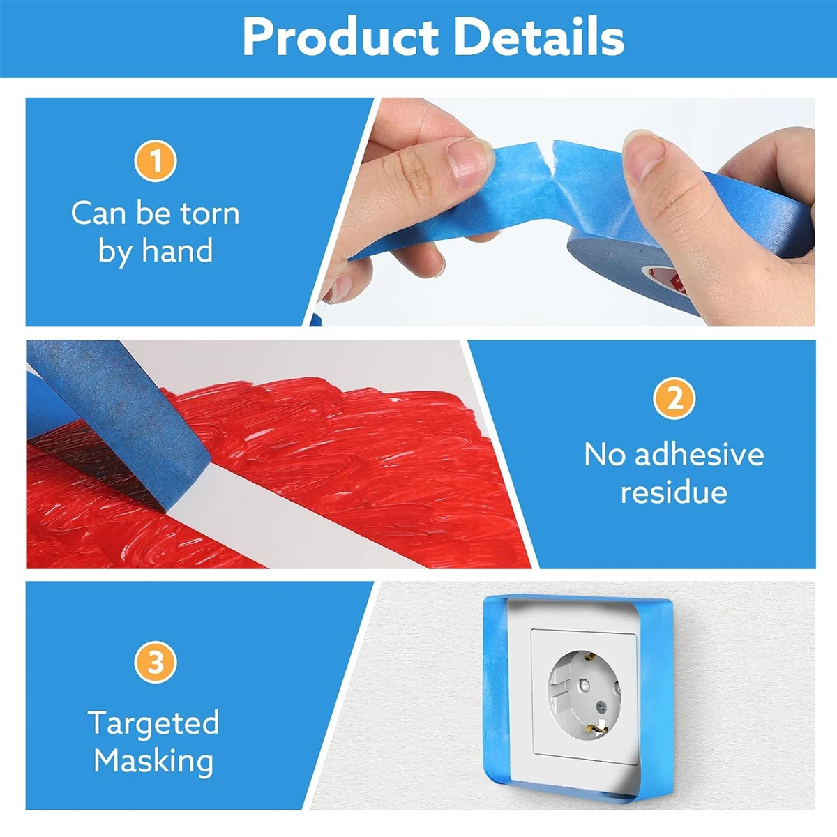 1/3/5롤 블루 페인터스 마스킹 테이프, 잔여물 없이 쉽게 떼어낼 수 있는 DIY 공예 페인팅 테이프 24mm*50m 롤 (선택 가능)