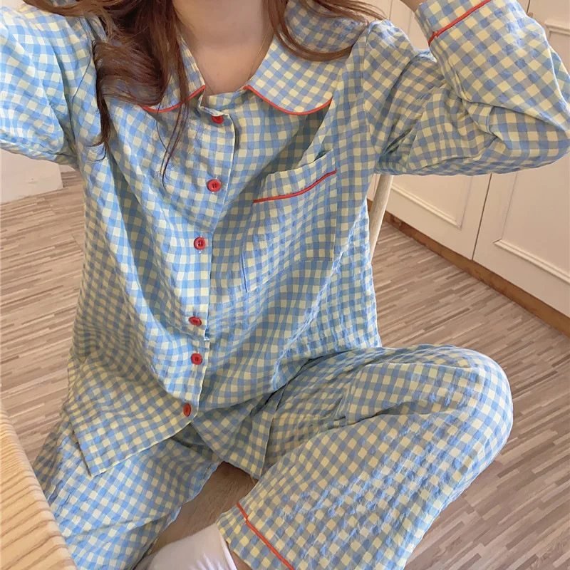 Women Long-Sleeved Pajamas Spring Autumn Summer Casual Thin Korean Ins-Style Student Plaid Doll Collar Loungewear