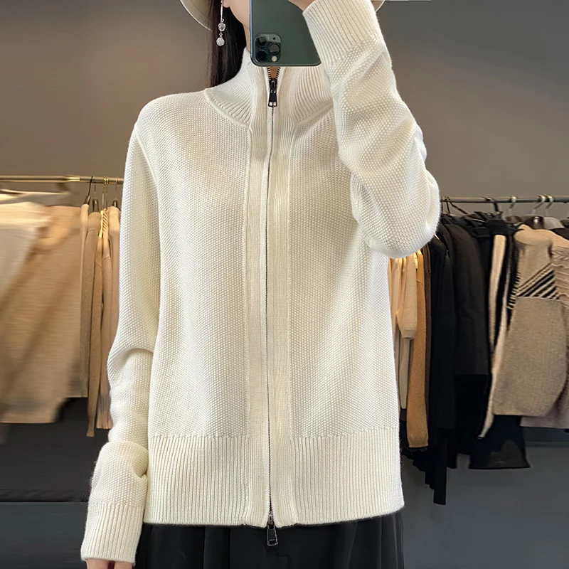 여성용 울 가디건 스웨터, 터틀넥 긴팔 상의, 기본 겉옷, 여성 니트 지퍼 디자이너 의류, 가을 겨울 신상