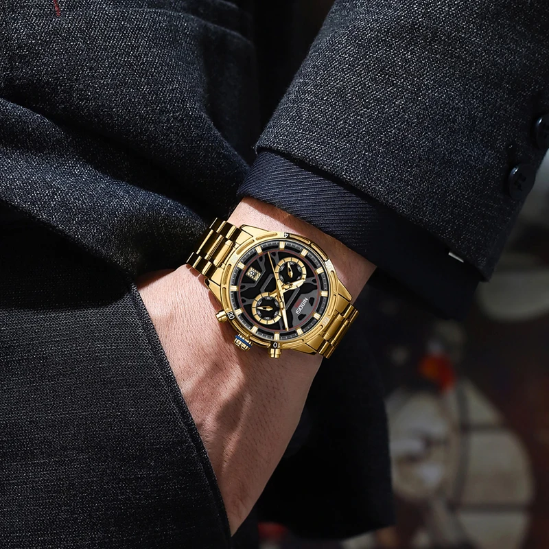 NIBOSI Fashion Gold Quartz Watch for Men Stainless Steel Waterproof Luminous Date Chronograph Mens Watches Relogio Masculino