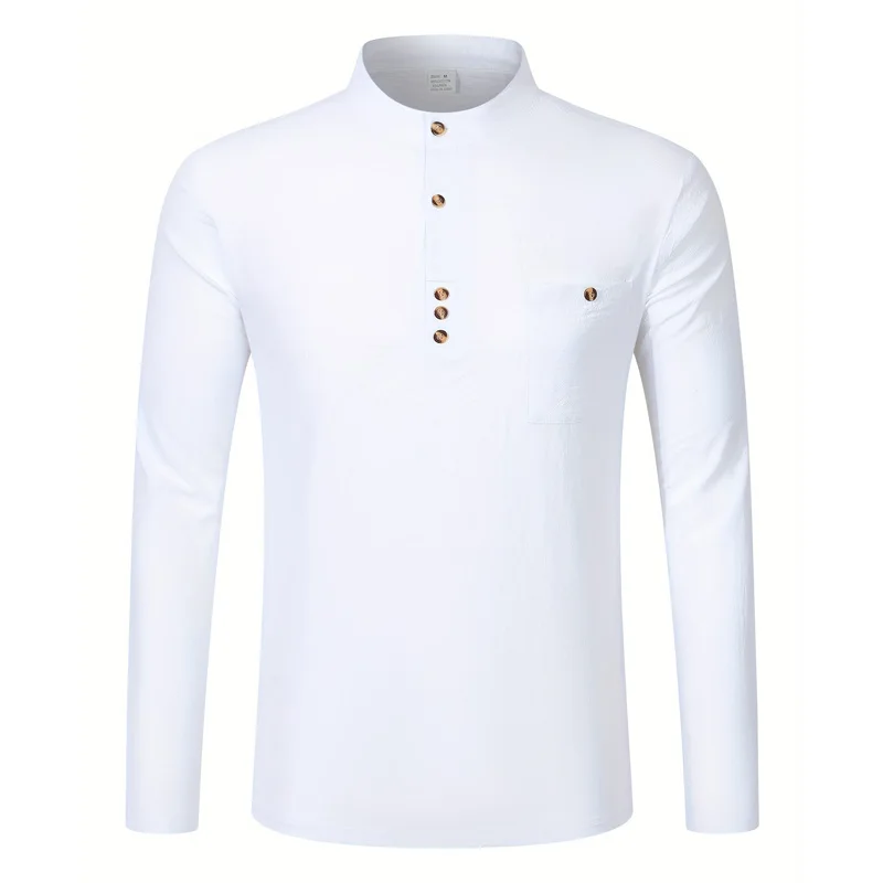 Herren Baumwoll-Leinen Langarm Henley-Hemd mit Stehkragen, Knopfleiste und Brusttasche, Lässiges Atmungsaktives Alltags-, Urlaubs- und Arbeitshemd – Detail 36