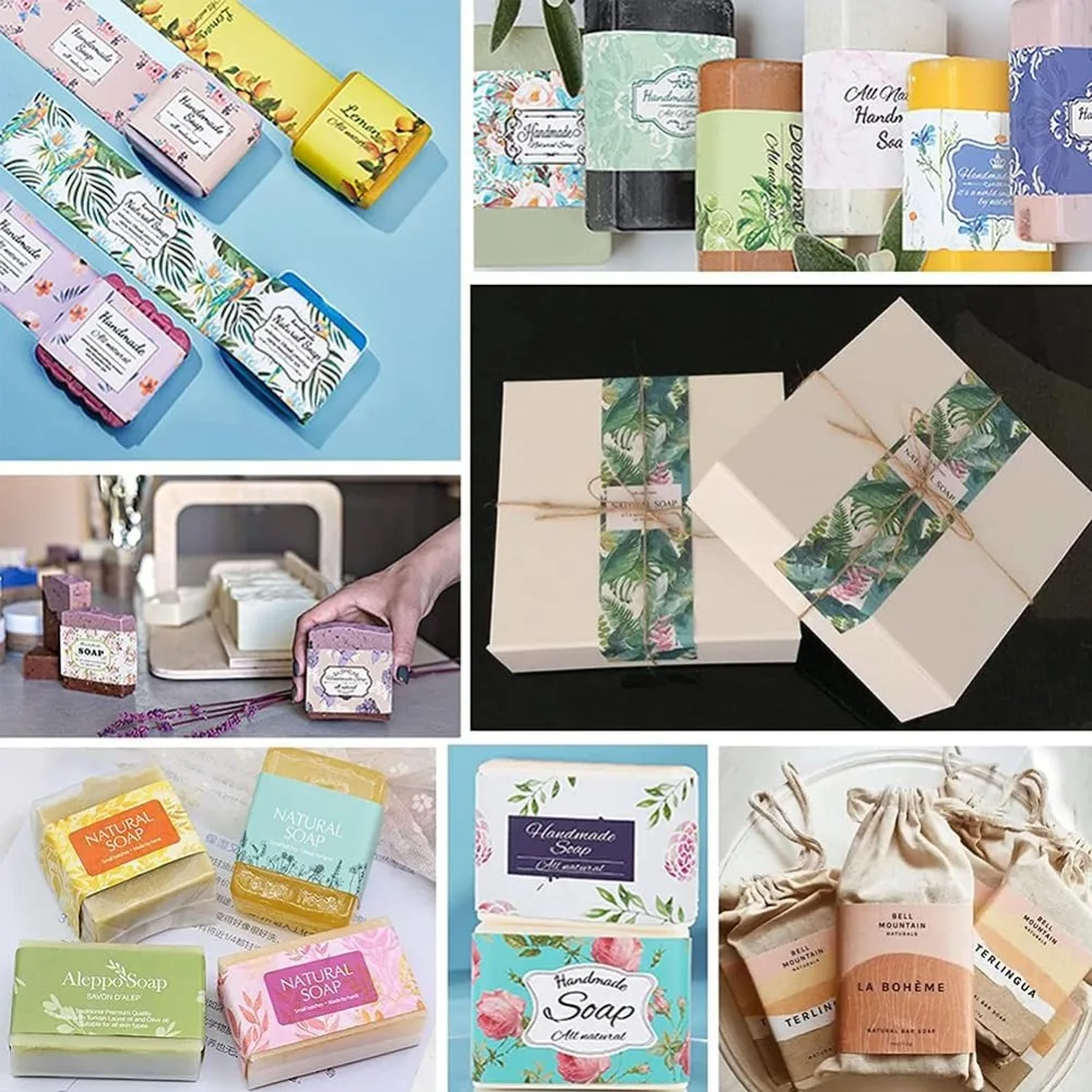 90PCS Handmade Wrap Label Tape 9 Styles Floral Kraft Paper Soap Wrappers Vertical Soap Paper Tag Sleeves Covers for