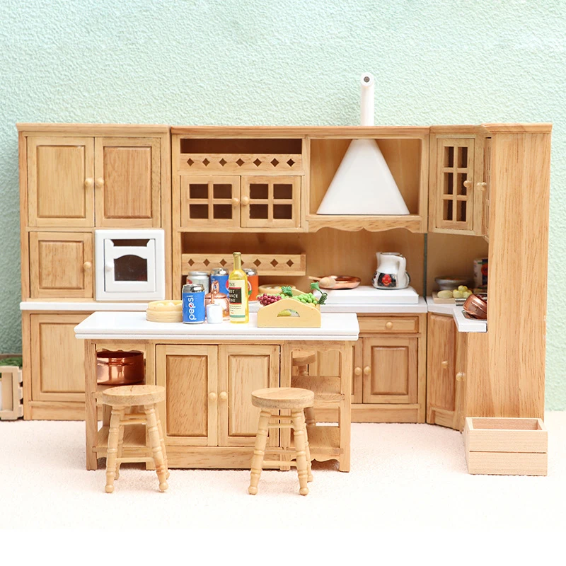 1Set 1:12 Dollhouse Miniature Wooden Sink Cabinet Stove Cabinet Cupboard Cooking Table Stool Model Kitchen Furniture Decor Toy