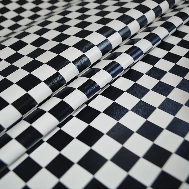 Fashion Black/White Checkerboard PU soft Leather Fabric Matte Leechee Texture Plaid Designer Sewing DIY Clothing Faux Pu Leather