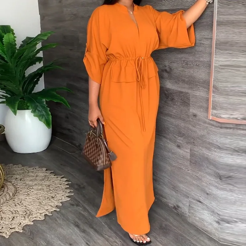 

2023 Fashion Casual Shirt Pocket Solid Color Waist Dress Summer Loose Side Split Commuter Long Skirt Simple V-neck Lace-up Dress