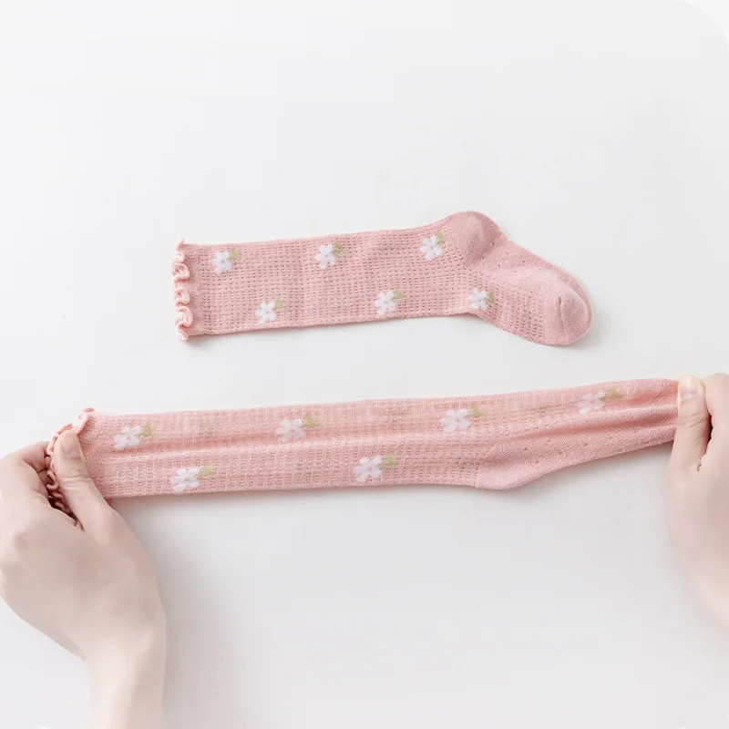 Summer Baby Girls Sock Cartoon Bear Aesthetic Floral Knee High Sock for Toddler Girls Soft Cotton Mesh Breathable Stockings