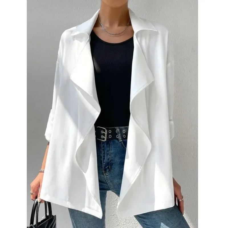 

2023 Casual Women's Outerwear with White Top Lapel Pocket Trench Coat