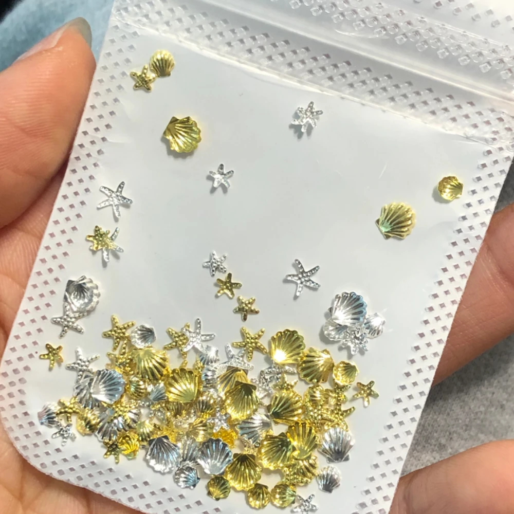 100Pcs Shell Starfish Nail Charms 3-5mm Gold Silver Mxied Ocean Stud Nail Art Rhinestone Spike 3D Manicure Tips Accessories JS1