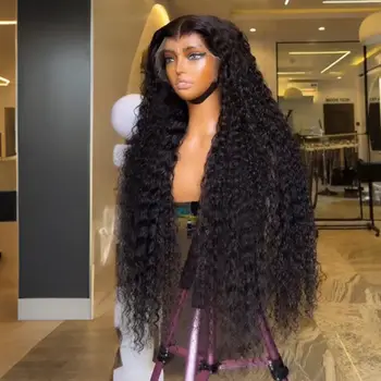 Long Deep Wave Black Color Synthetic 13X4 HD Lace Frontal Wig For Black Women Prepucked Bleach Knots Glueless Wig Daily Party