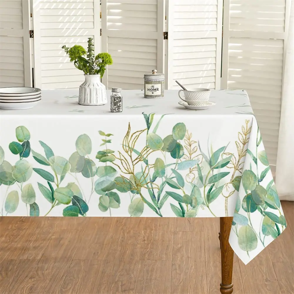 

Spring Summer Rectangle Waterproof Tablecloth Easter Eucalyptus Leaves Table Cover for Party Picnic Dinner Decor