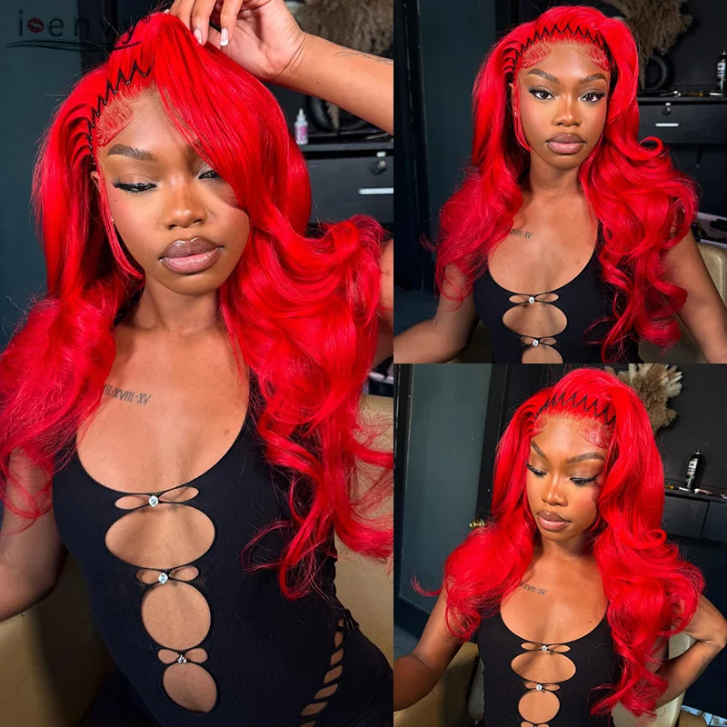 13X4 HD 투명 레이스 가발 레드 바디 웨이브 레이스 프론트 가발 13X6 버건디 레이스 프론트 가발 인모 가발 프리플럭 롱 34인치