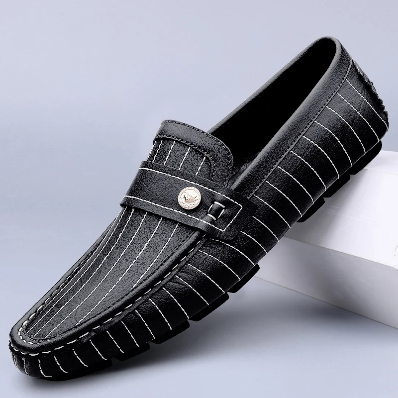 

Fashion Brand Men's Flat Shoes Anti Slip Stripes Interview Men's Commuting Work Shoes Versatile Blue Genuine Leather Shoes