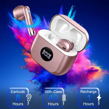 J53 Wireless Earbuds, Bluetooth 5.3 Ear Buds LED Power Display Headphones, in-Ear Noise Cancelling Mic, 40H Playback.