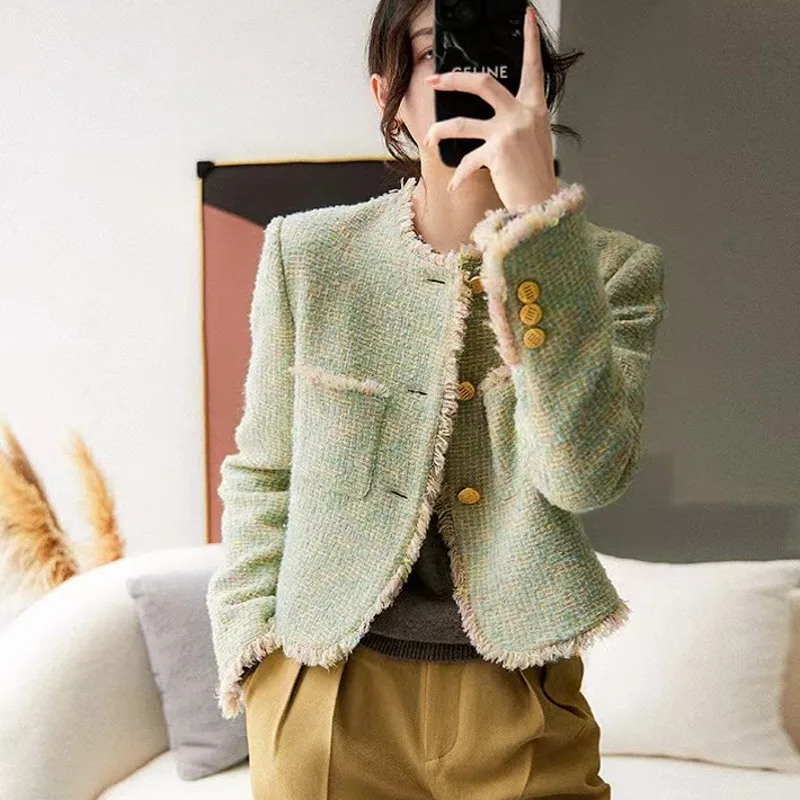 

Runway Fall Fashion French Greeen Small Fragrance Tassel Jackets Coats Top Women's Clothes O-Neck All-Match Outerwear Casacos