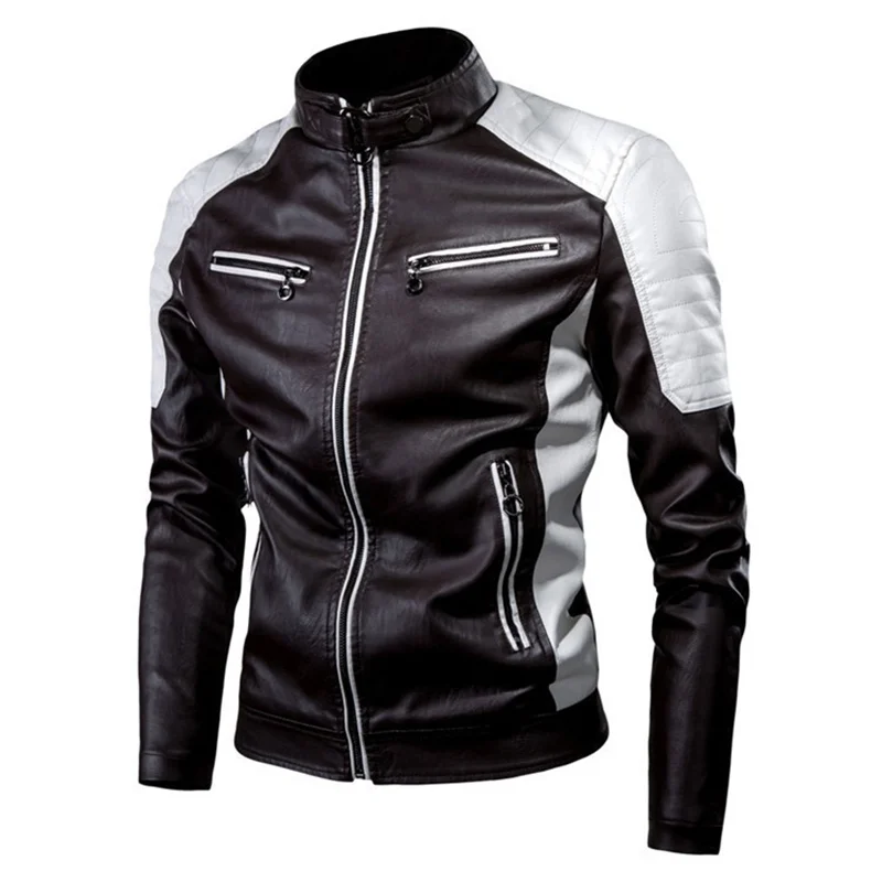 Spring Autumn Men's Casual Leather Jacket Stand Up Collar Slim Fit Fashion Splicing Motorcycle Vintage PU Leather Jacket