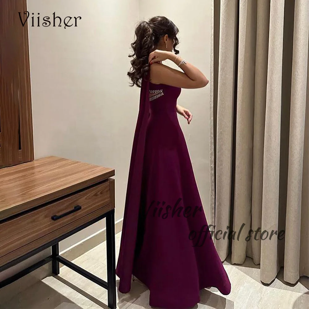 

Viisher Plum Satin A Line Evening Dresses with Beads Long Arabic Dubai Formal Prom Dress Floor Length Evening Party Gowns