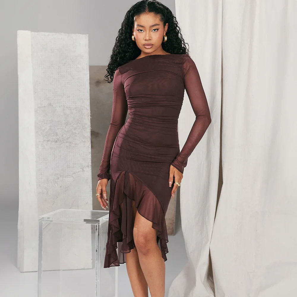 

SKMY Women Clothing 2024 Autumn Winter New Fashion Ruffles Mesh Patchwork Long Sleeve Slim Fit Split Dress Party Clubwear