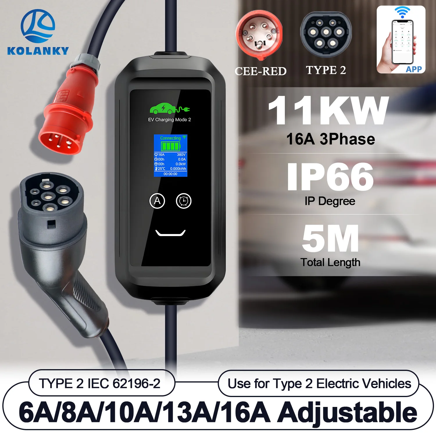 EV Charger Kolanky Portable 16A 3P 11KW Type 2 Wallbox Tuya App Time Delay Set Charging Time Electric Vehicle Hybrid Cars 5M