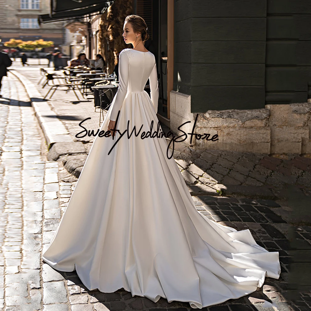 Muslim Wedding Dress Vestido De Noiva Customized Long Sleeves Sequin Applique Sweep Train Arabic Satin Bridal Gown for Bride 2