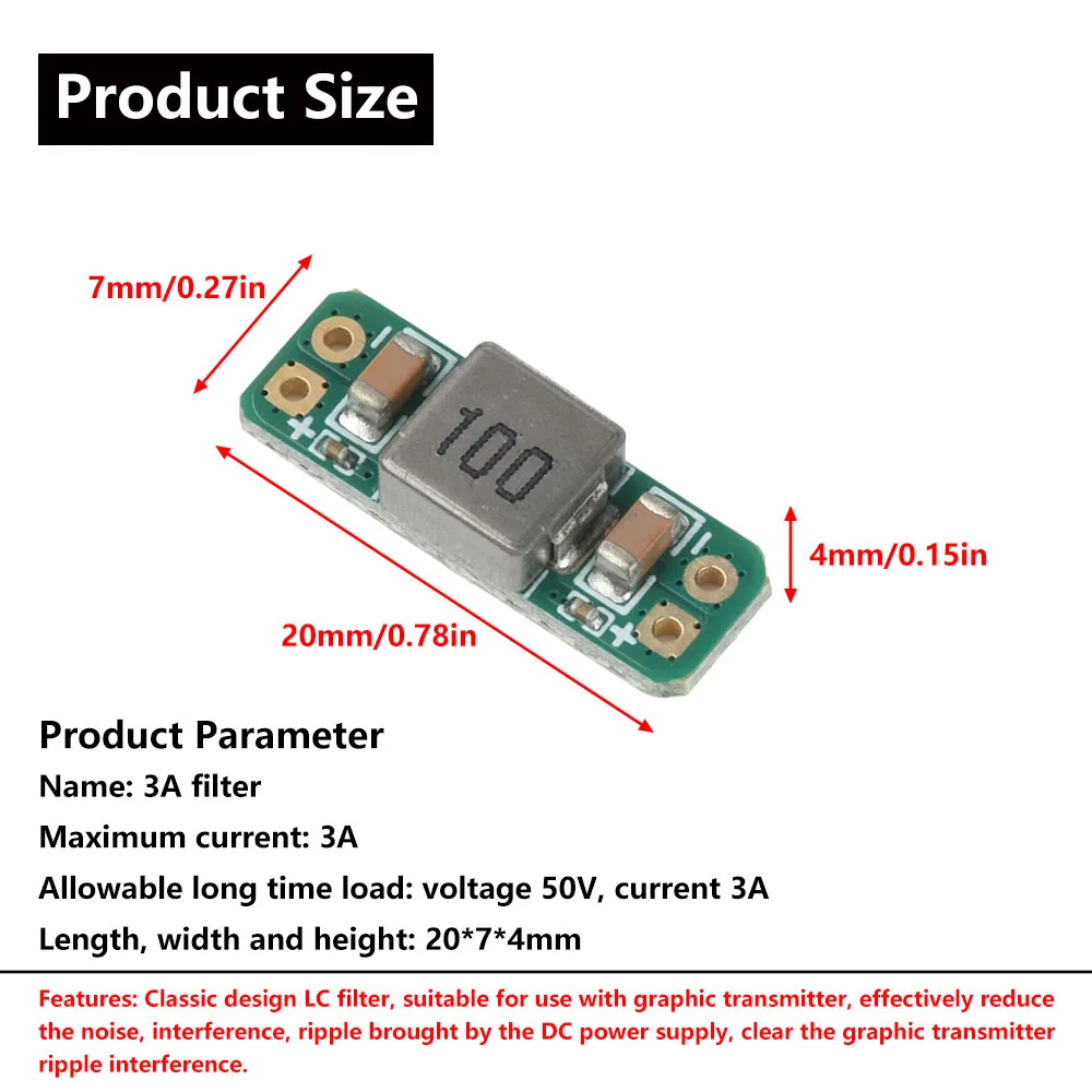 Vue rapprochée du filtre LC 3A 5-30V avec protection polarité inversée, montrant les soudures