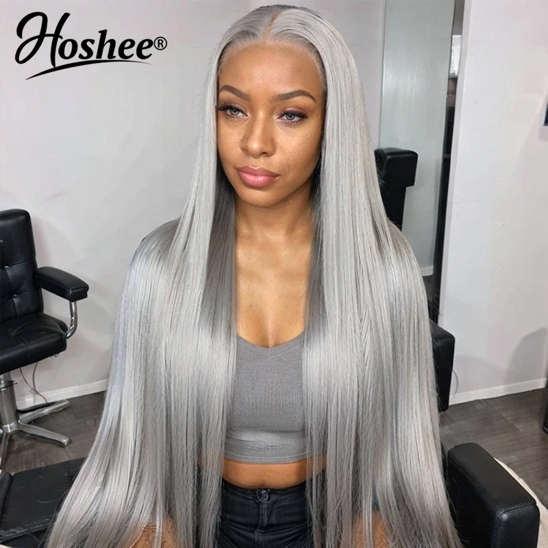 Peluca de cabello humano liso de 13x4 HD para mujer, postizo de encaje Frontal, color gris y plateado transparente, 613 colores, parte en T,
