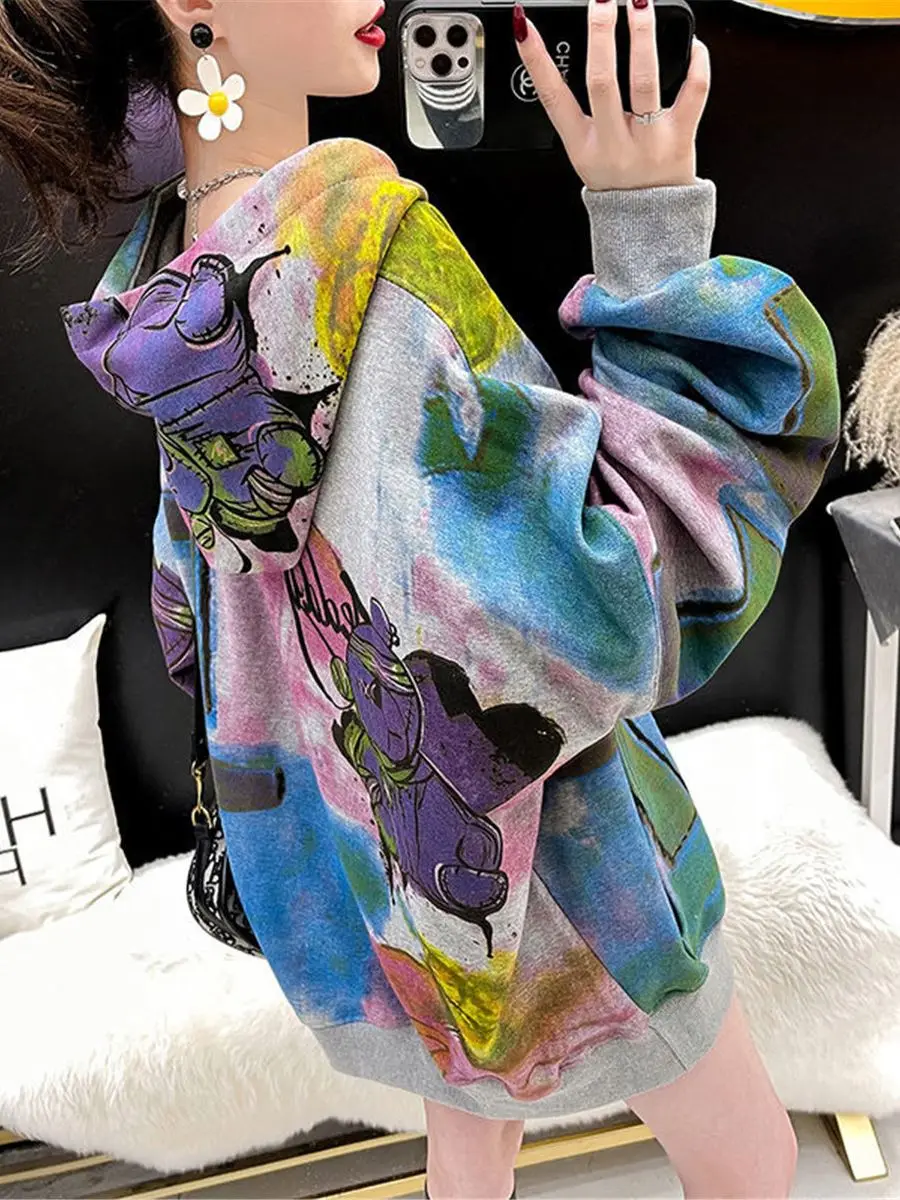 

Cute Harajuku Tie Dyed Hooded Hoodie Loose Long Sleeve Ulzzang Clothes Streetwear Female Pullover Hoodie Femme Funny Tops Girl