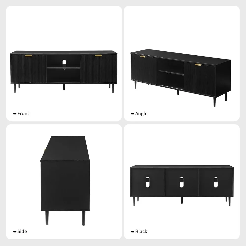 Black TV Stand, Modern TV Consoles for Living Room 65+ Inch TV, Fluted Panel Media Console with Sliding Doors & Ajustable Shelv 4