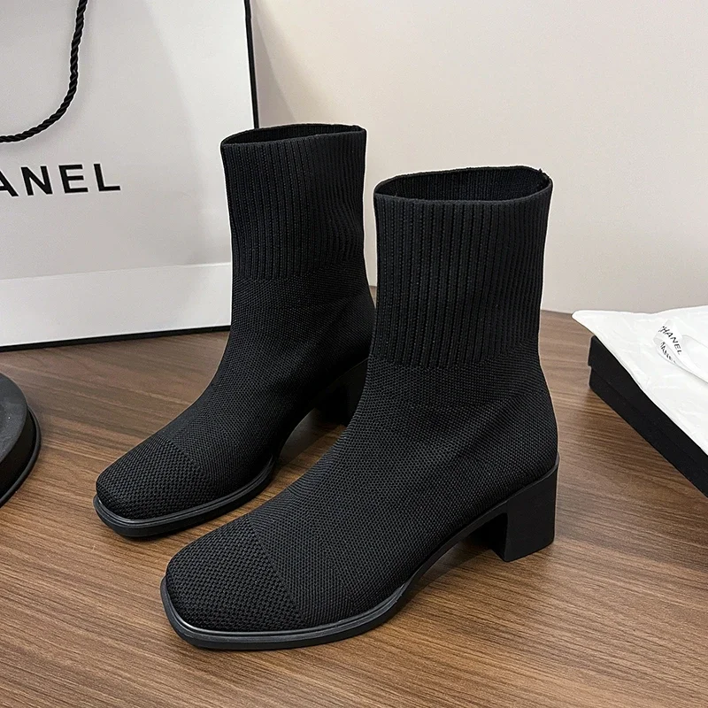 Fall and Winter Retro Square-toe Woven Women's Stretch Boots Simple Square-toe Chunky Heel Short Boots Women's Boots Size 35-41