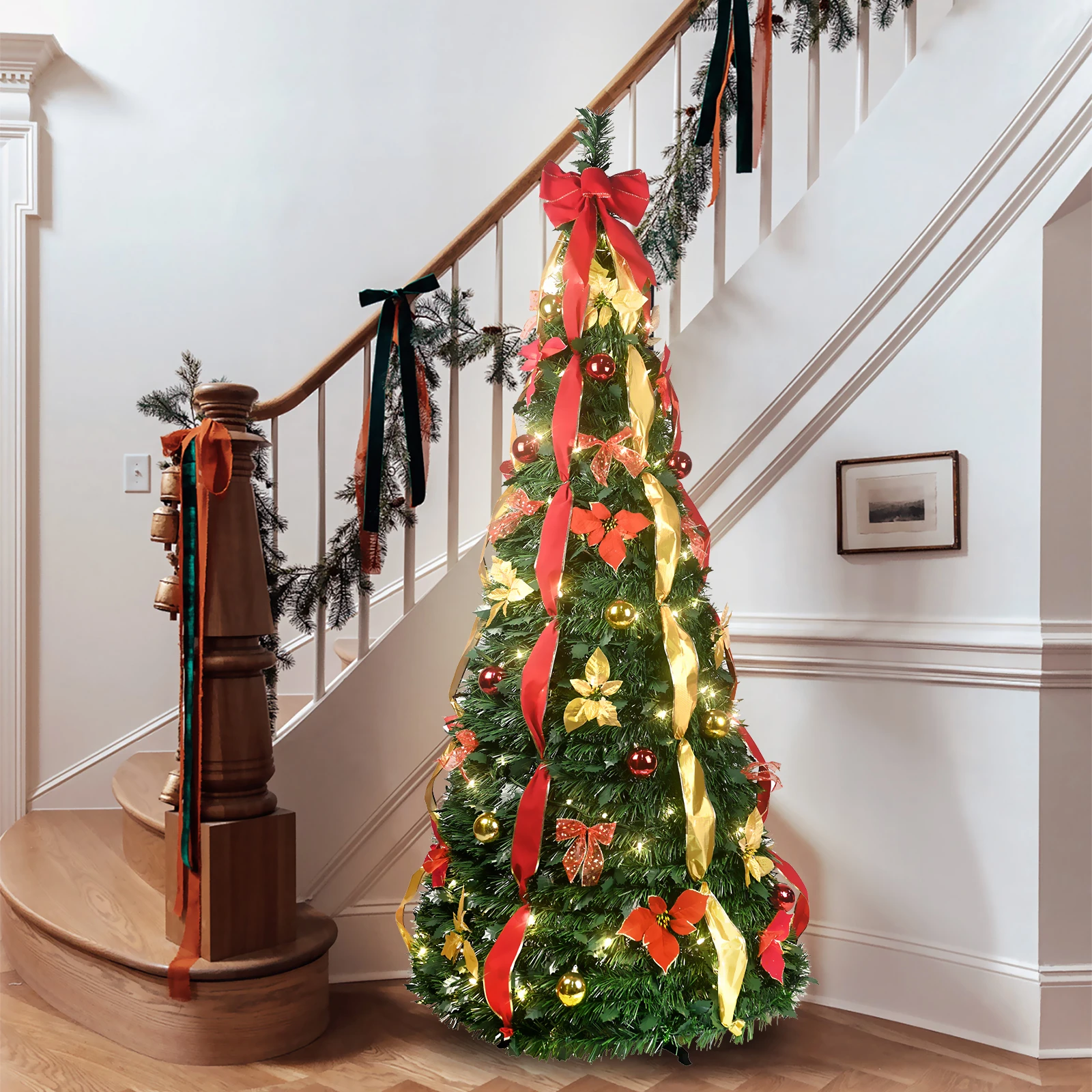 Christmas Tree with 150 Warm White UL Lights – Pre-Decorated with Red & Gold Ornaments, Flowers, Ribbons & Bows – Easy Assembly 1 Christmas Tree with 150 Warm White UL Lights – Pre-Decorated with Red & Gold Ornaments, Flowers, Ribbons & Bows – Easy Assembly 1