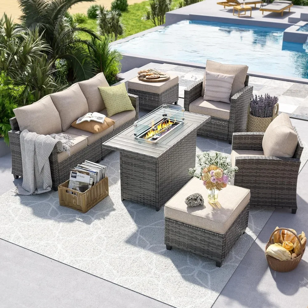 Patio Furniture Set with 44" Fire Pit Table, All-Weather Wicker Rattan Sofa Ottoman, 6 Pieces Outdoor Garden Sofa Sets 3