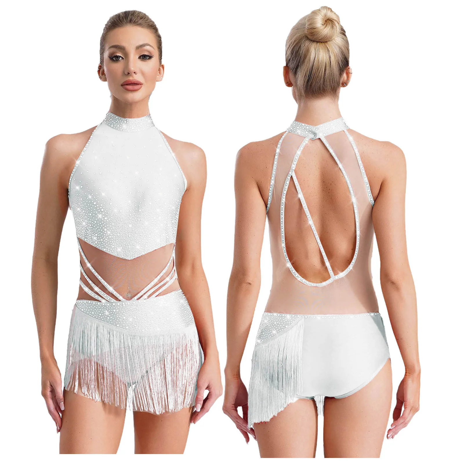 Frauen Ärmellose Strass Mesh Quasten Latin Jazz Dance Body Eiskunstlauf Samba Gymnastik Trikot Leistung Dancewear – Detail 9